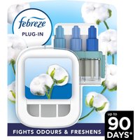 Febreze 3Volution Air Freshener Starter Kit with cotton design, three blue-topped refills, and white plug-in unit.