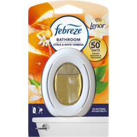 Febreze Bathroom Citrus & White Verbena air freshener with white oval holder and citrus imagery on packaging.