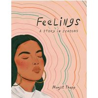 "Feelings" book with illustrated woman, closed eyes, large hoop earrings, and pastel wavy lines on peach background.