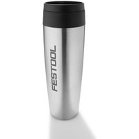 Silver Festool TC-FT1 thermal drinks cup with black lid and logo, sleek stainless steel design.