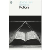 Book cover of "Fictions" by Jorge Luis Borges, featuring an open book suspended by strings on a minimalist background.