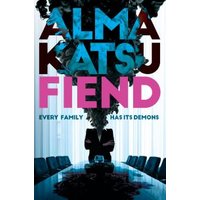 Book cover for "Fiend" by Alma Katsu, featuring a silhouette of a person with smoke rising, surrounded by a conference table.