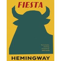 Yellow book cover with green bull silhouette, red "Fiesta" text, and "Hemingway" in bold black at the bottom.