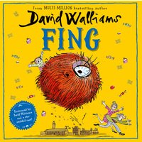 Yellow book cover for "Fing" by David Walliams, featuring a furry orange creature and playful illustrations.