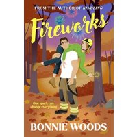 "Fireworks book cover with a firefighter carrying a woman in a forest, sunset background, by Bonnie Woods"