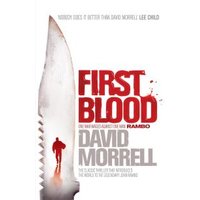 "First Blood book by David Morrell, white cover with large knife and red title text."