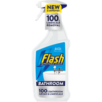 Flash Bathroom Spray 800ml, white bottle with blue label, trigger nozzle, claims 100% grime and limescale removal.