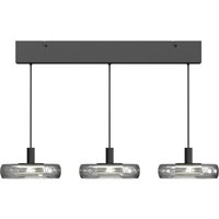 Black Maytoni Float LED bar pendant light with three suspended circular LED lights, 3000K color temperature.