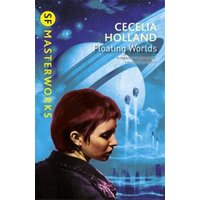 "Floating Worlds" book by Orion Publishing, features a woman with short hair against a cosmic backdrop with planets.
