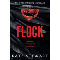 Black book cover with red title "Flock" by Kate Stewart, featuring feather background and "The Ravenhood" emblem.