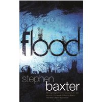 "Flood" book by Stephen Baxter, blue cover with water droplets and dark city skyline silhouette.
