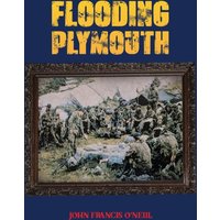 "Flooding Plymouth" book by Austin Macauley, blue cover with framed painting of soldiers, yellow and red text.