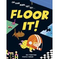 Children's book "Floor It!" with cartoon child in helmet, cat, and colorful puzzle pieces on a dark background.