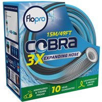 FloPro Cobra expanding hose pipe set with blue and gray coiled hose, 15m length, in a blue and green box.