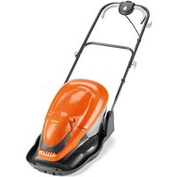Orange Flymo Easi Glide 360 electric hover lawnmower with black handle and 36cm cutting width.