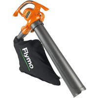 Orange Flymo Powervac 3000 garden blower with black vacuum bag and long gray nozzle.