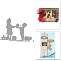 Gray metal die-cut of children exchanging gifts, includes packaging and example card with "Peace Love" text.
