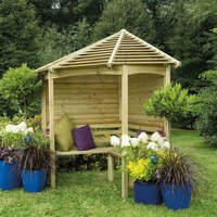 Wooden Venetian corner arbour seat with slatted roof, curved bench, and decorative blue planters with flowers.