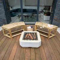 Curved wooden firepit bench set, natural finish, slatted backrest, arranged around a square firepit on a wooden deck.