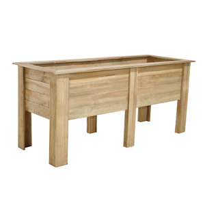 Large wooden garden planter in natural wood finish, measuring 6'x2' (1.8x0.6m), featuring deep roots design and sturdy, rectangular construction with slatted sides.