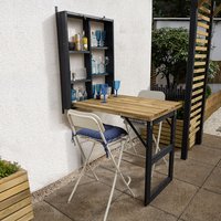 Fold down garden wall bar with wooden tabletop, black frame, and shelves holding glasses, attached to white wall.