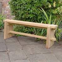 Wooden garden bench with natural finish, rectangular seat, and sturdy sleeper-style legs, set on a stone patio.