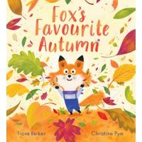 Children's book "Fox's Favourite Autumn" with a fox in overalls surrounded by colorful autumn leaves.