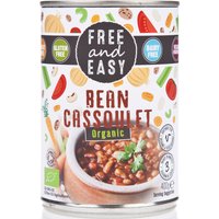Free & Easy Bean Cassoulet 400g can with colorful vegetable illustrations and gluten-free, vegan labels.
