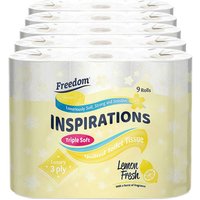 Freedom Inspirations Quilted Lemon Toilet Paper, 45 rolls, 3 ply, lemon fresh scent, yellow and white packaging.
