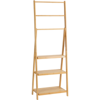 Freestanding foldable bamboo towel rack with three bars and three shelves, natural wood finish.