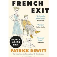 "French Exit book cover with illustration of a woman and seated man, white cat, and quotes from Maria Semple and New Yorker"