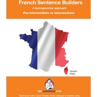 "Orange book cover with French map in flag colors, titled 'French Sentence Builders' by Piefke Trading Singapore."