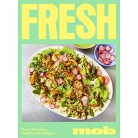 "Cookbook titled 'Fresh' with a cover image of a salad with greens, radishes, and grains on a white platter"