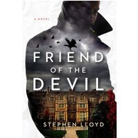 "Friend of the Devil" book cover with silhouette of a man, dark sky, flying birds, and a mansion below.