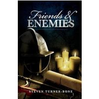 Book cover for "Friends and Enemies" with a medieval helmet, candles, and sword on a wooden table.