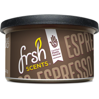 Brown Frsh Scents air freshener tin labeled "Espresso" with black lid and certified plastic neutral logo.