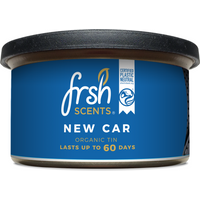 Frsh Scents air freshener tin, blue label with "New Car" text, black lid, lasts up to 60 days.