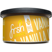 Yellow Frsh Scents air freshener tin with black lid, vanilla scent, featuring bold white text and green leaf logo.