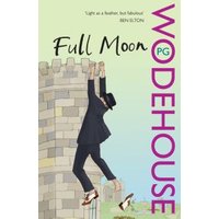 "Full Moon book cover with illustration of man in suit hanging from castle wall, large purple 'Wodehouse' text"