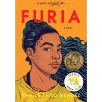 "Furia book cover with illustrated girl in yellow shirt, gold medal, and YA book club sticker"