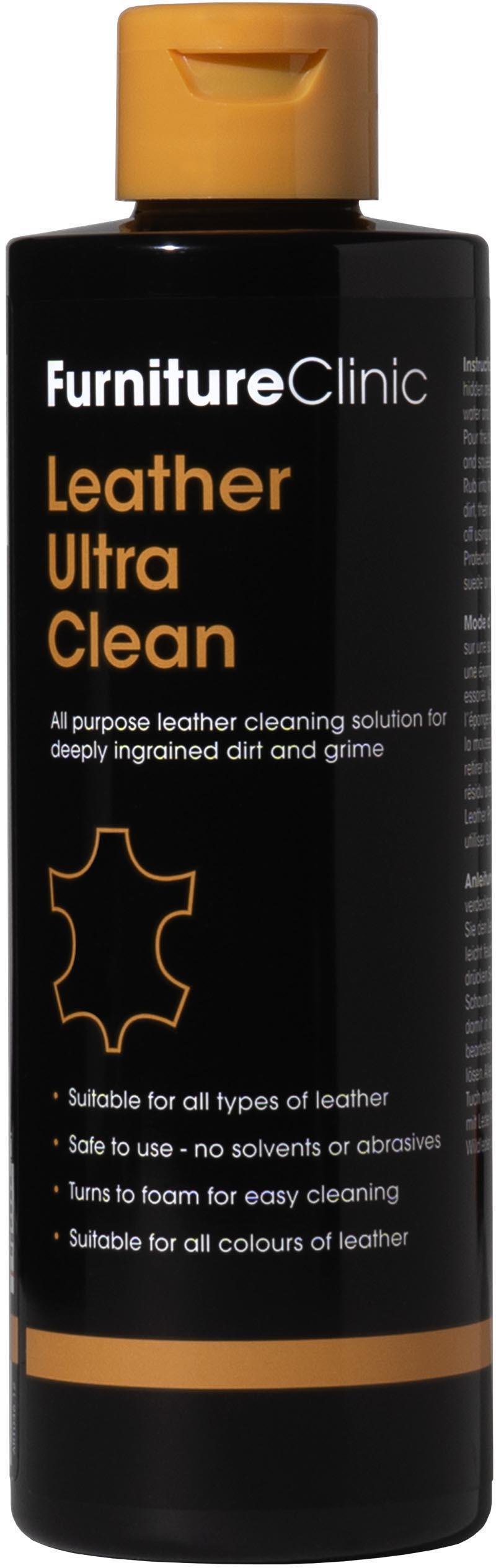 Black bottle of Furniture Clinic Leather Cleaner 250ml with orange cap and text, suitable for all leather types.