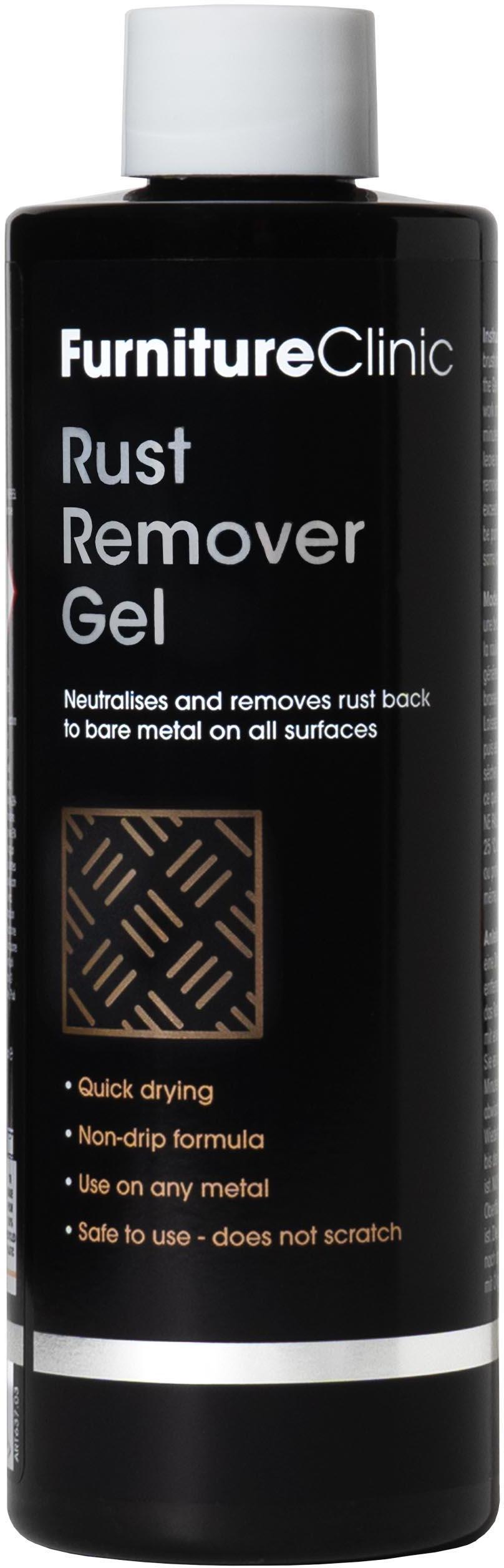 Black bottle of Furniture Clinic Rust Removal Gel 250ml with white cap and label detailing quick drying, non-drip formula.