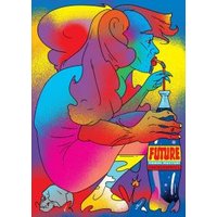 Colorful abstract poster featuring a person drinking from a bottle labeled "Future" with vibrant, swirling patterns.