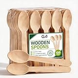 Pack of 100 biodegradable birch wood spoons, natural finish, labeled for parties and events by G4GADGET.