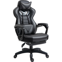 Ergonomic grey gaming chair with reclining back, manual footrest, and wheels, featuring a stylish modern design.