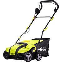 Bright green Garden Gear 2000W lawn rake and scarifier with black handle and wheels, featuring a rear collection bag.