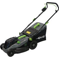 Green and black Garden Gear Aerotek 40V lawn mower, 38cm blade, two batteries, fast charger, ergonomic handle.