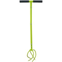 Green Garden Gear manual twist cultivator with T-shaped handle and three curved metal tines.