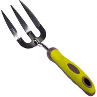 Garden Gear stainless steel hand fork with three tines and a green ergonomic handle with brown accents.