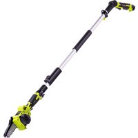 Green and black Garden Gear telescopic chainsaw with 12V motor and extendable pole.